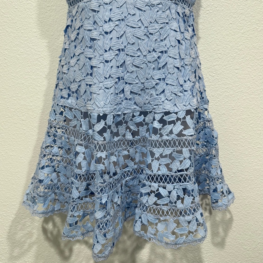 bardot agnes guipure lace overlay dusty blue tiered floral crochet mini dress - Picture 4 of 10